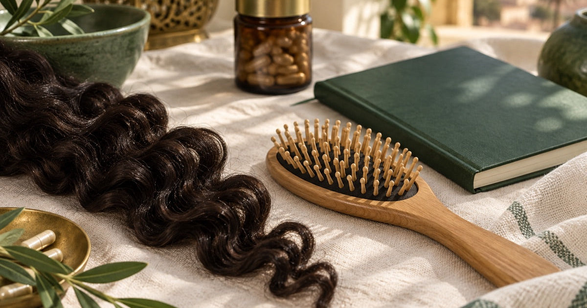 Illustration éditoriale : boucles naturelles, brosse et carnet autour du sujet de la biotine et des cheveux.