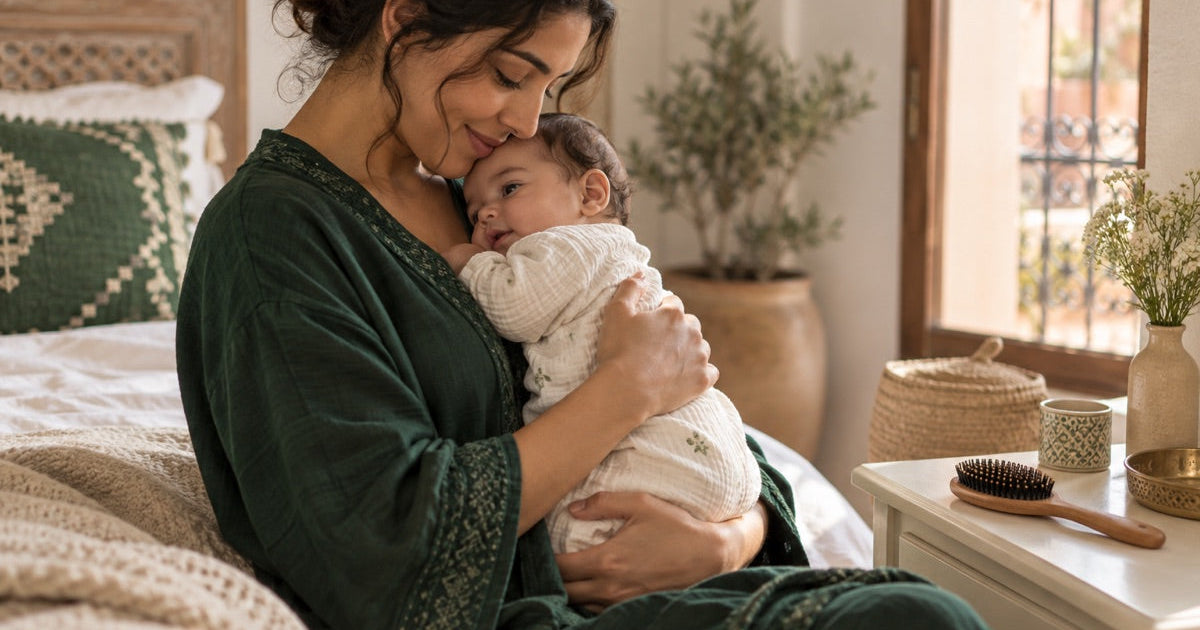 Illustration : une jeune mère tient son bébé dans une scène calme à la maison.