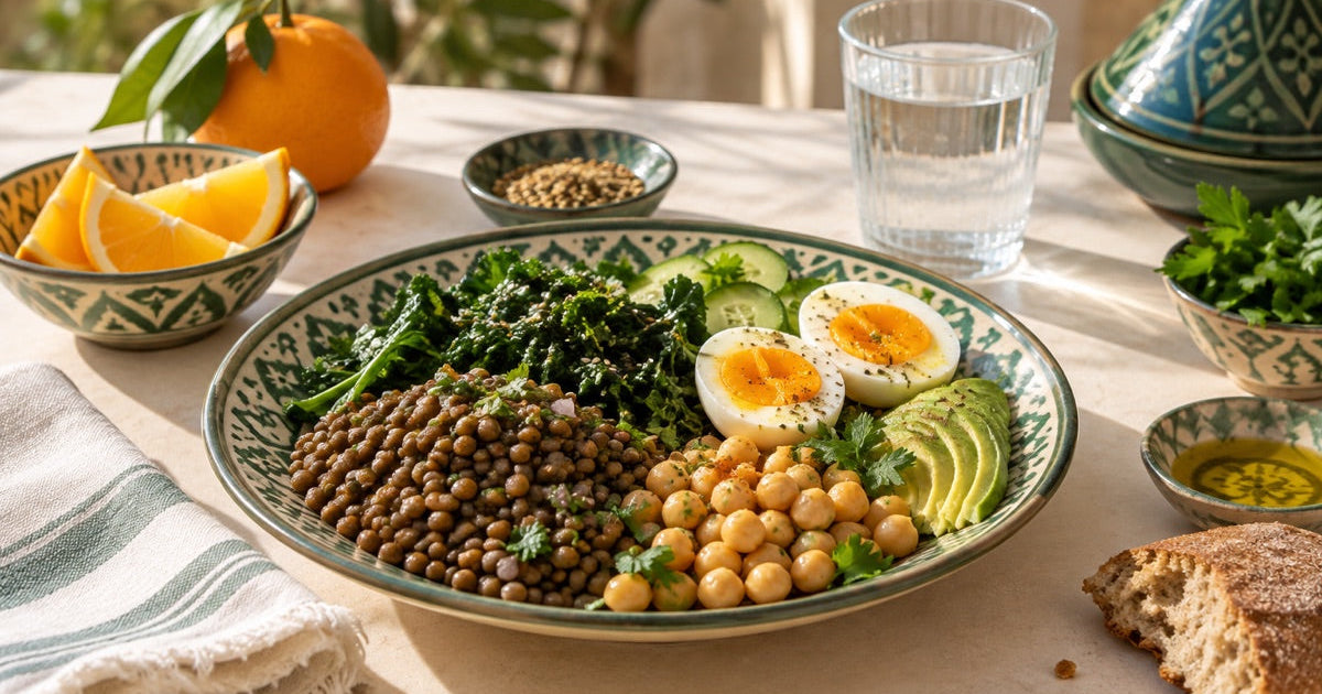 Illustration d’une assiette équilibrée avec lentilles, pois chiches, légumes verts et œufs.