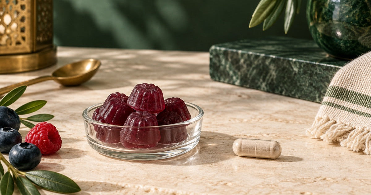 Illustration de gummies et d’une gélule présentés côte à côte, sans marque.