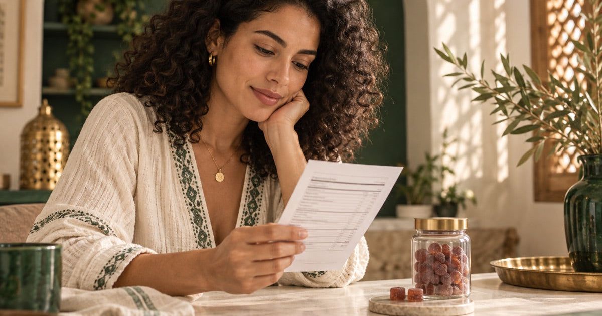 Illustration : une femme examine l’étiquette d’un complément gummy avant achat.