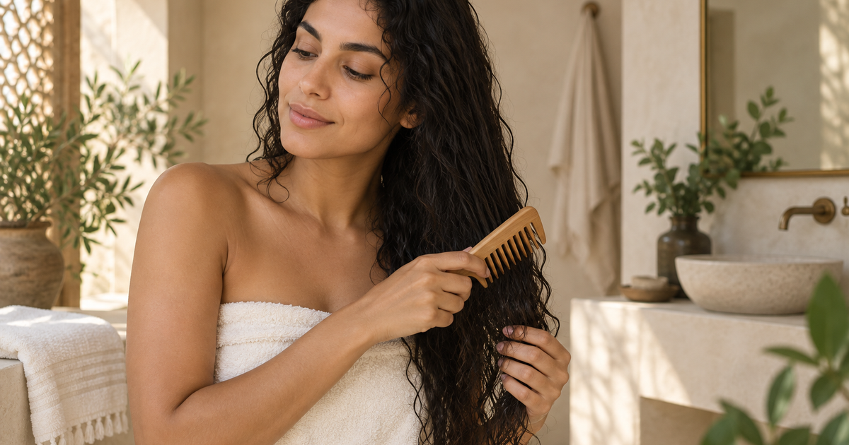 Femme aux cheveux ondulés qui démêle doucement ses longueurs après le lavage