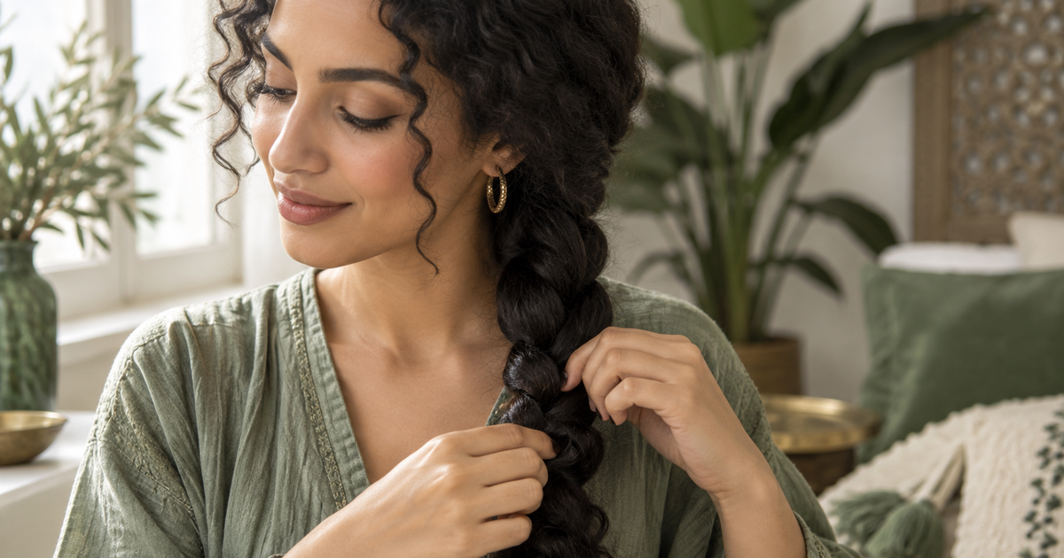 Femme qui desserre une tresse basse pour limiter la tension sur les cheveux